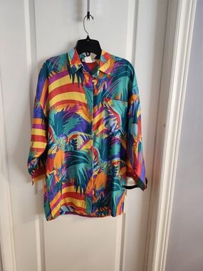 Vintage Vibrant Tropical Print Button-Up Shirt - Teal Multi